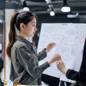 用户体验负责人王思琪在白板前绘制产品交互流程图，表情专注投入，体现出以用户为中心的设计理念与对细节的极致追求